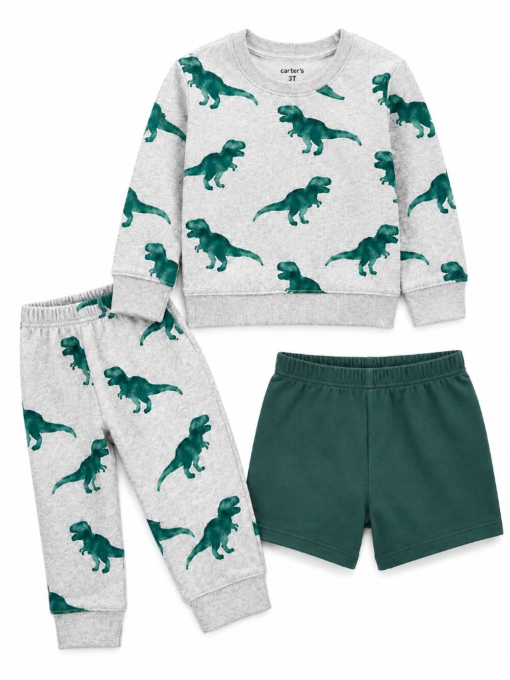 NWT Carter's Toddler Boy 3 Piece Pajama Set 3T Green T-Rex Dinosaur Sleepwear